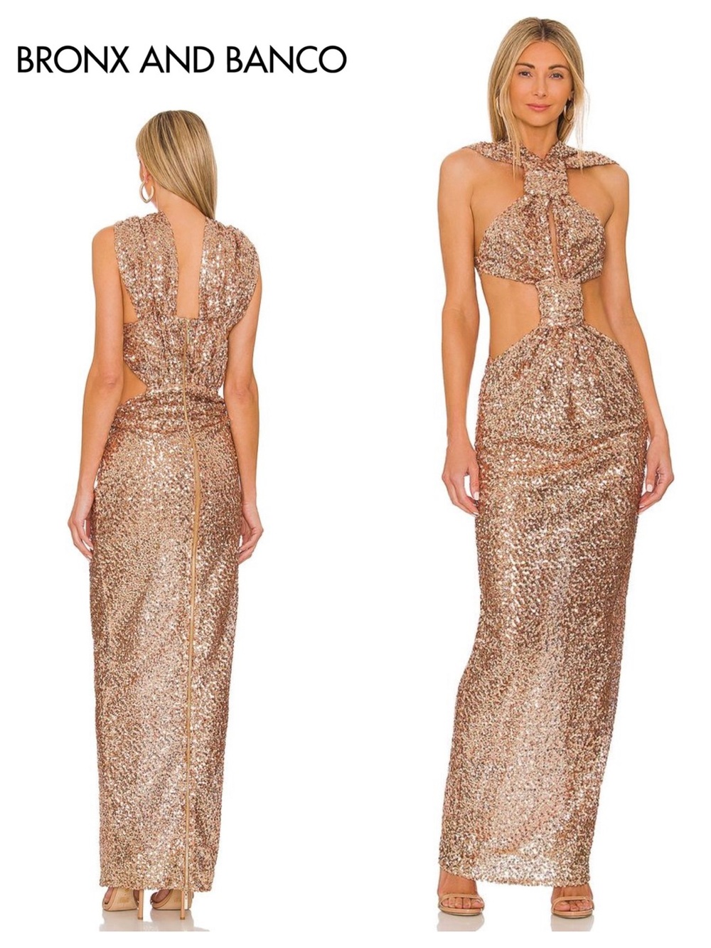 BRONX & BANCO Sol Cutout Sequin Halter Gown